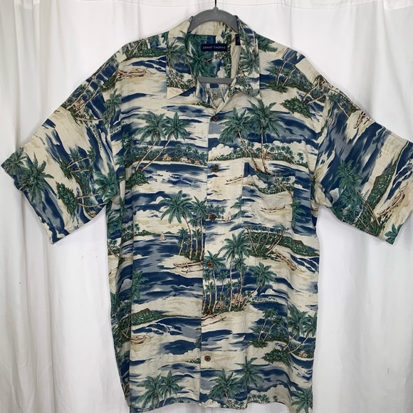 Grant Thomas Mens Silk Hawaiian Shirt Tropical Palm Tree Beach Scene XXL - Picture 2 of 7